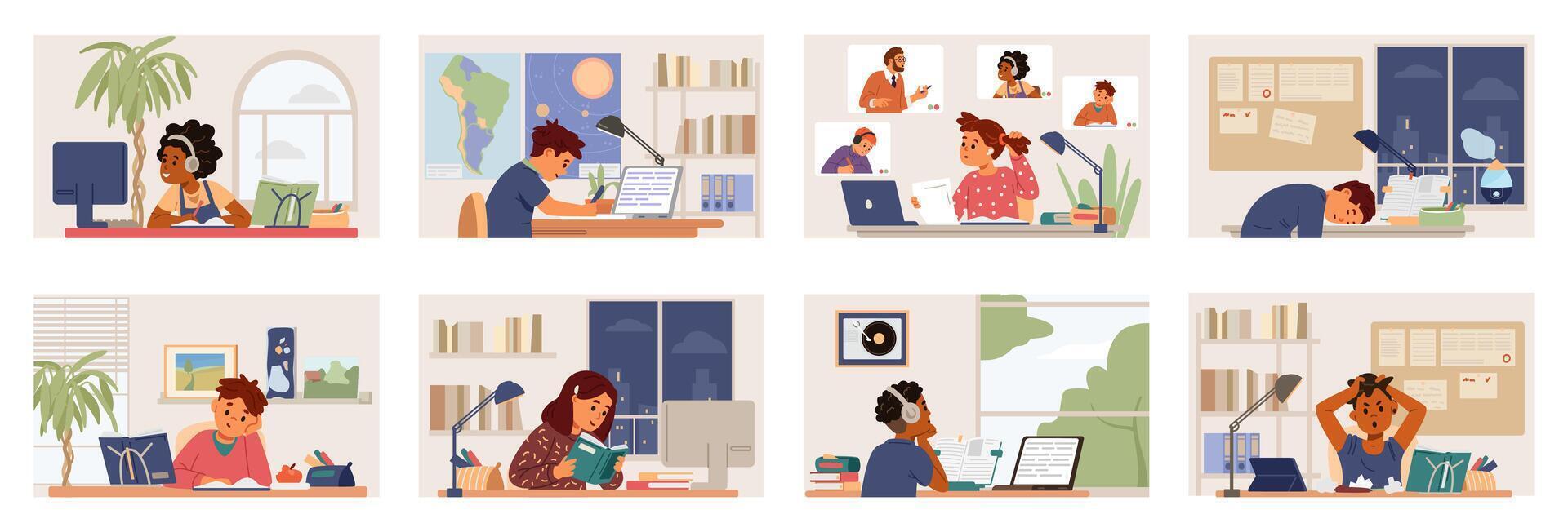 People studying in varied workspaces vector
