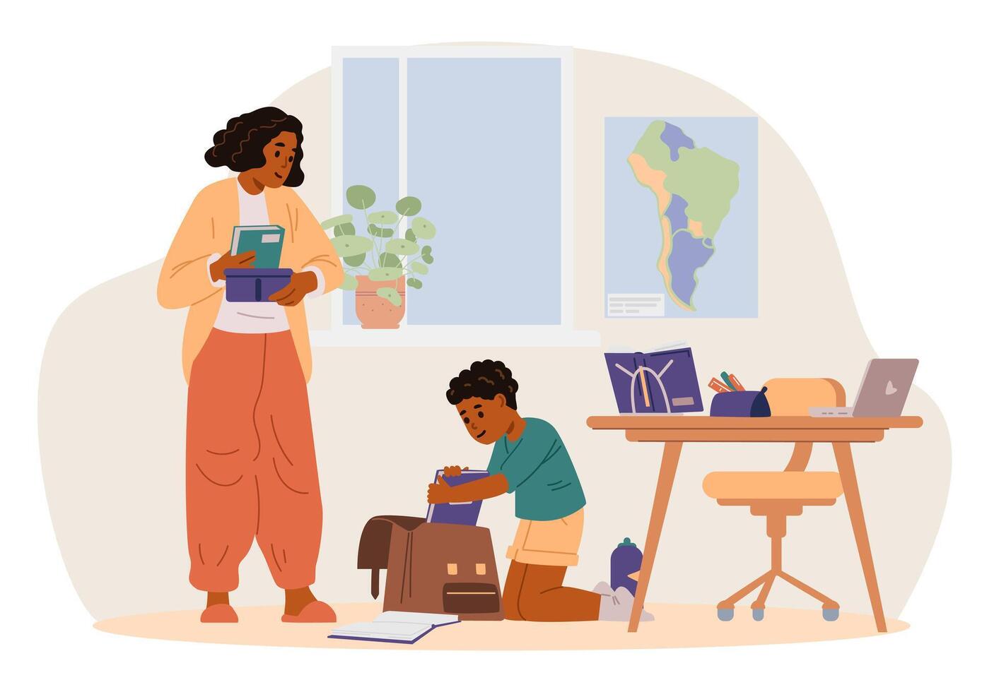 Mother and son packing for school vector