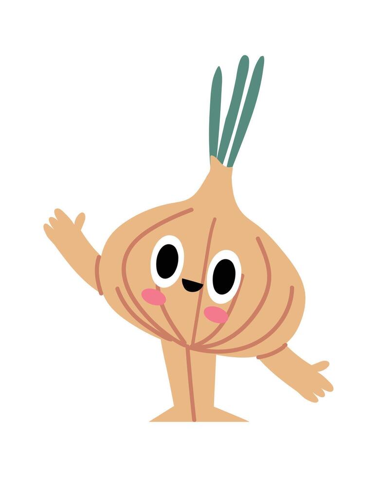 Cartoon character of a happy onion waving with hands, cute vegetable with smiling face, healthy food for kids, funny personage for children book or sticker vector