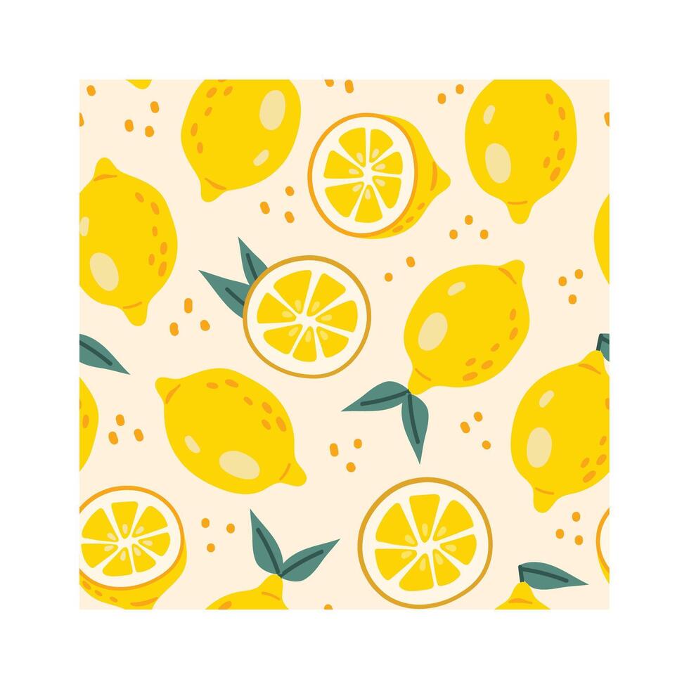 Seamless pattern with whole and sliced lemons and leaves creating a vibrant and refreshing design on a light orange background, perfect for summery and citrus themed projects vector