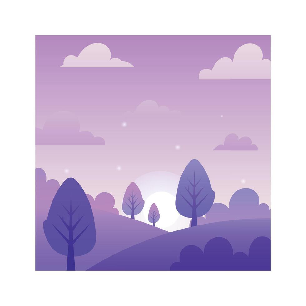 Purple rolling hills dotted with stylized trees and bushes bask in the warm glow of the setting sun, all beneath a dreamy, star filled evening sky painted in shades of purple vector