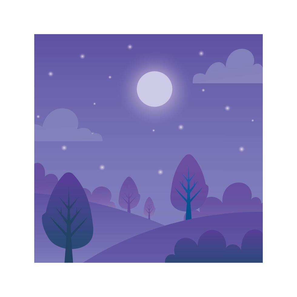 Minimalist illustration of a full moon illuminating a serene landscape of rolling hills and stylized trees under a starry night sky, creating a peaceful and magical atmosphere vector