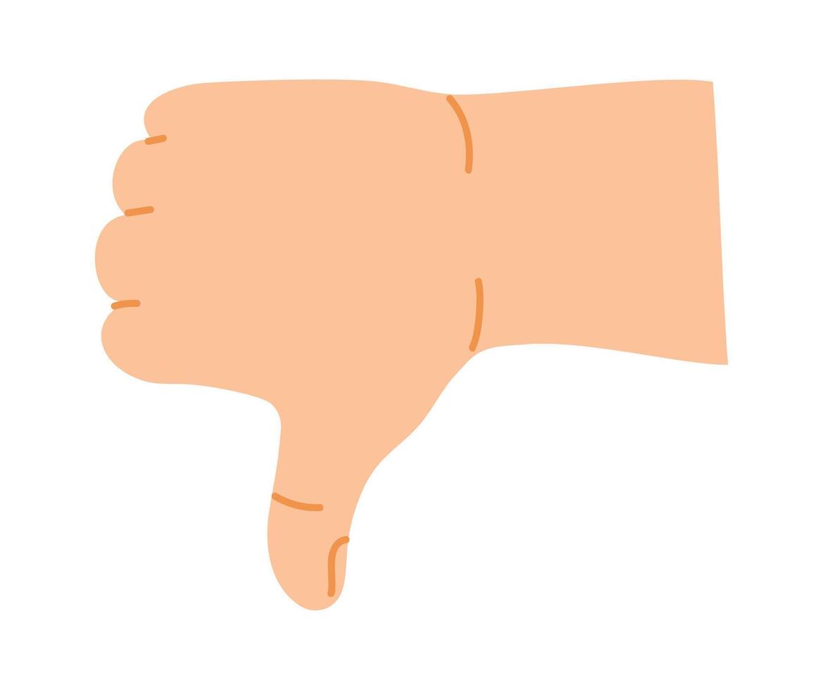 Cartoon hand displaying a thumbs down gesture, signaling negative feedback and disapproval. Isolated illustration on a clean white background, conveying disagreement and rejection vector