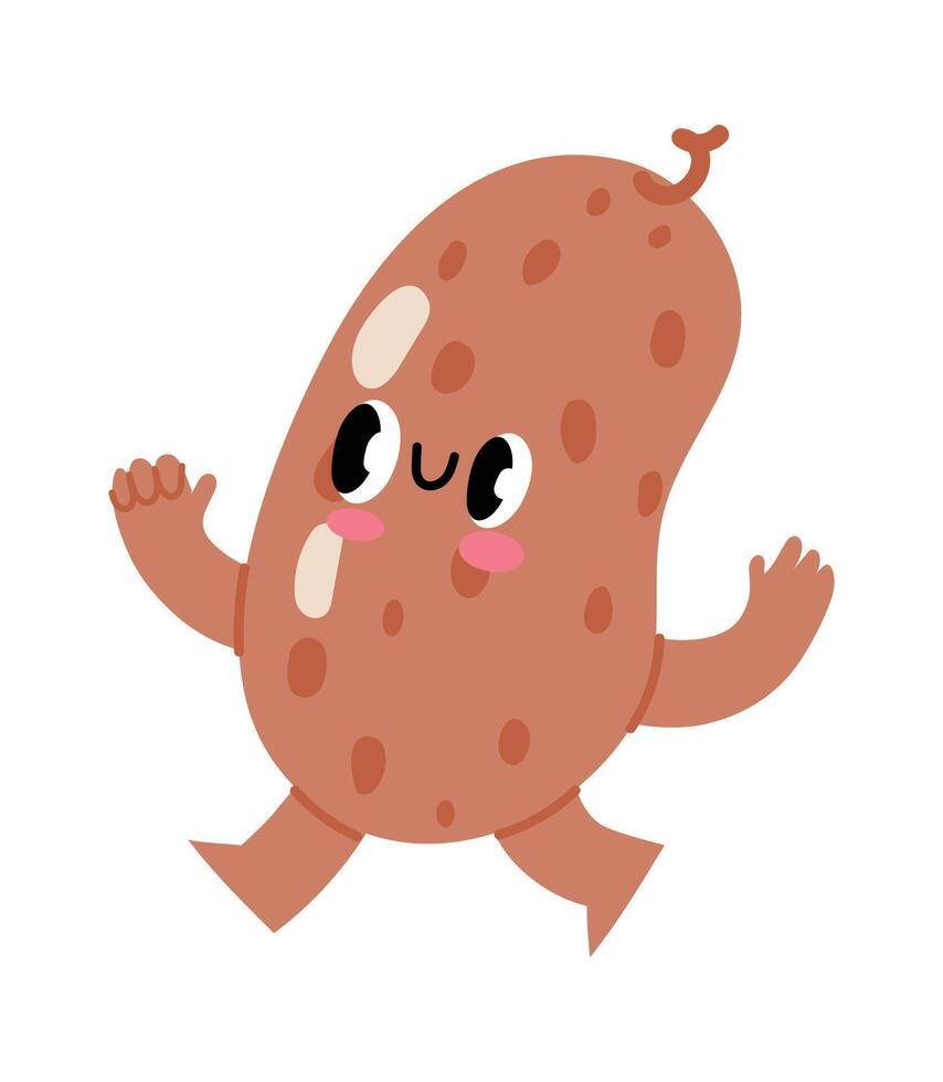 Cartoon potato character walking and waving with hands, funny kawaii spud with smiling face, healthy organic vegetable, vegan and vegetarian food, children book or advertising design element vector