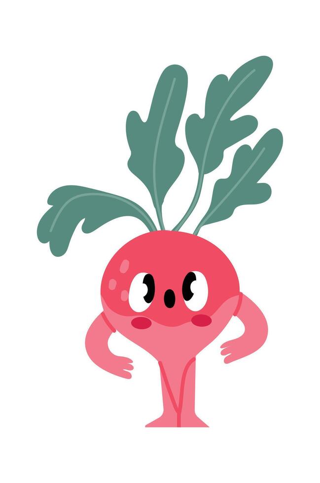Surprised radish character striking a playful pose with hands on hips, showcasing a funny expression and big, expressive eyes, set against a clean white background vector