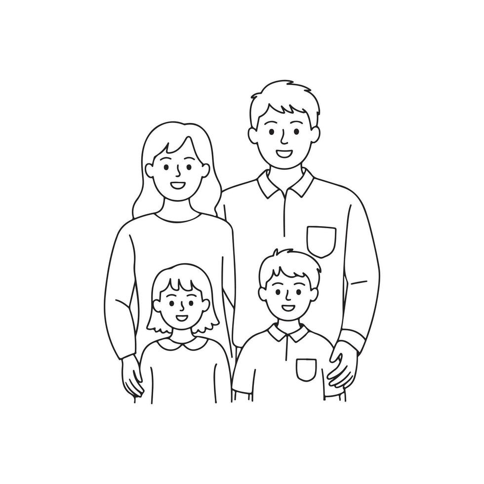 Family of Four Smiling Together in Simple Black Outline vector