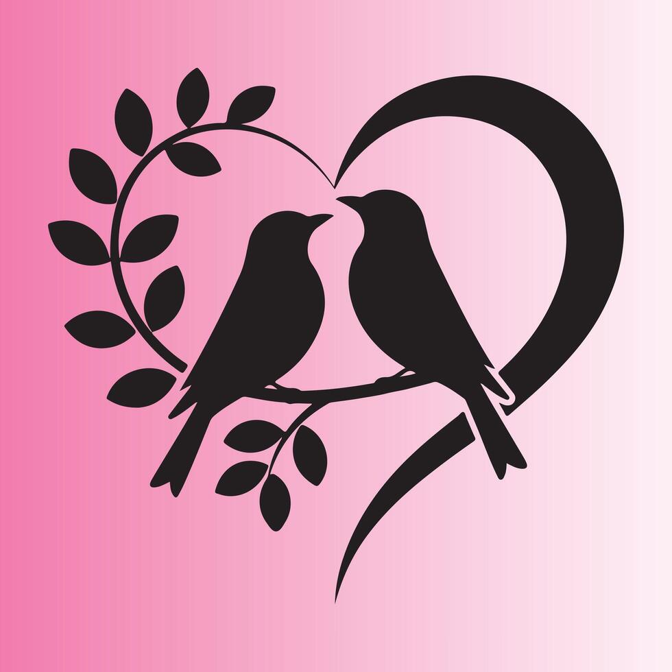 Black Bird Silhouettes on a Branch Inside a Heart Shape Against Pink Gradient vector