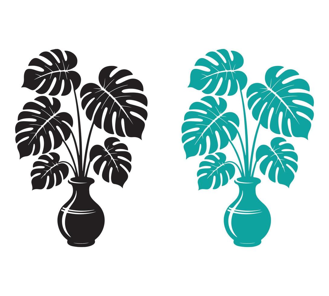 Black and Teal Monstera Plants in Vase Silhouettes vector
