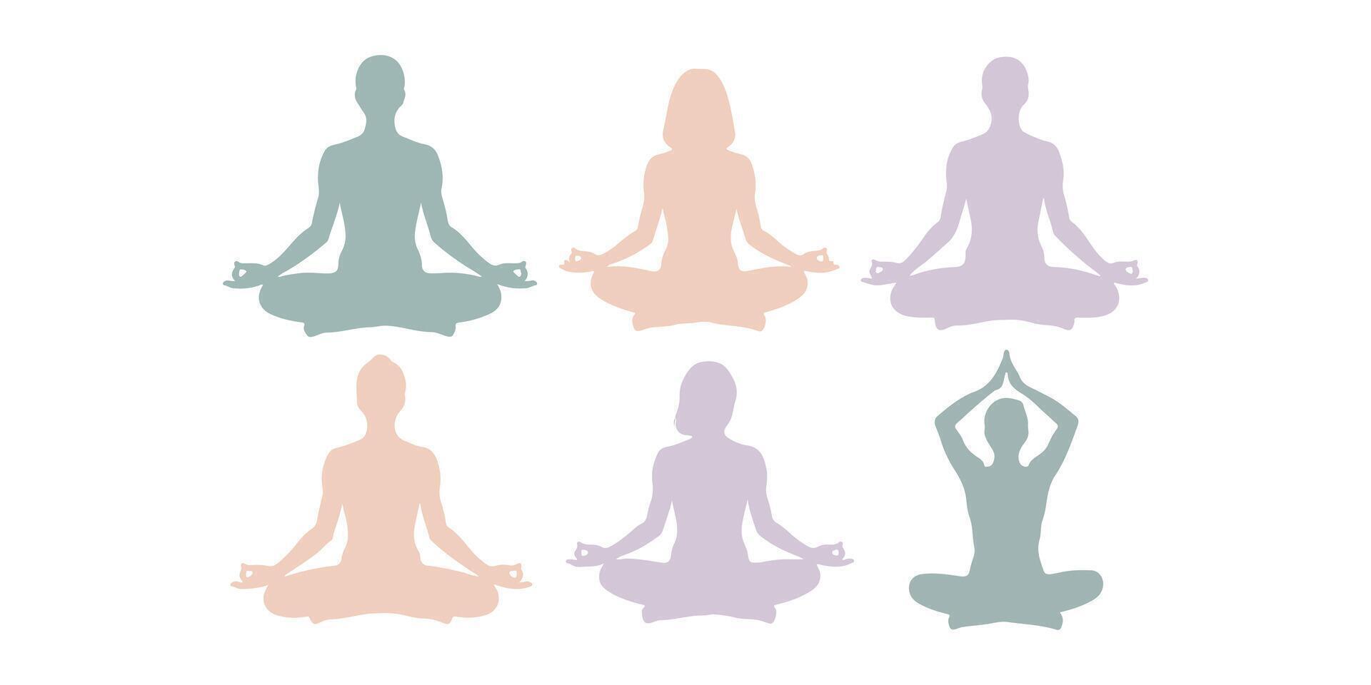 Silhouettes of People in Yoga Poses in Pastel Colors on White Background vector
