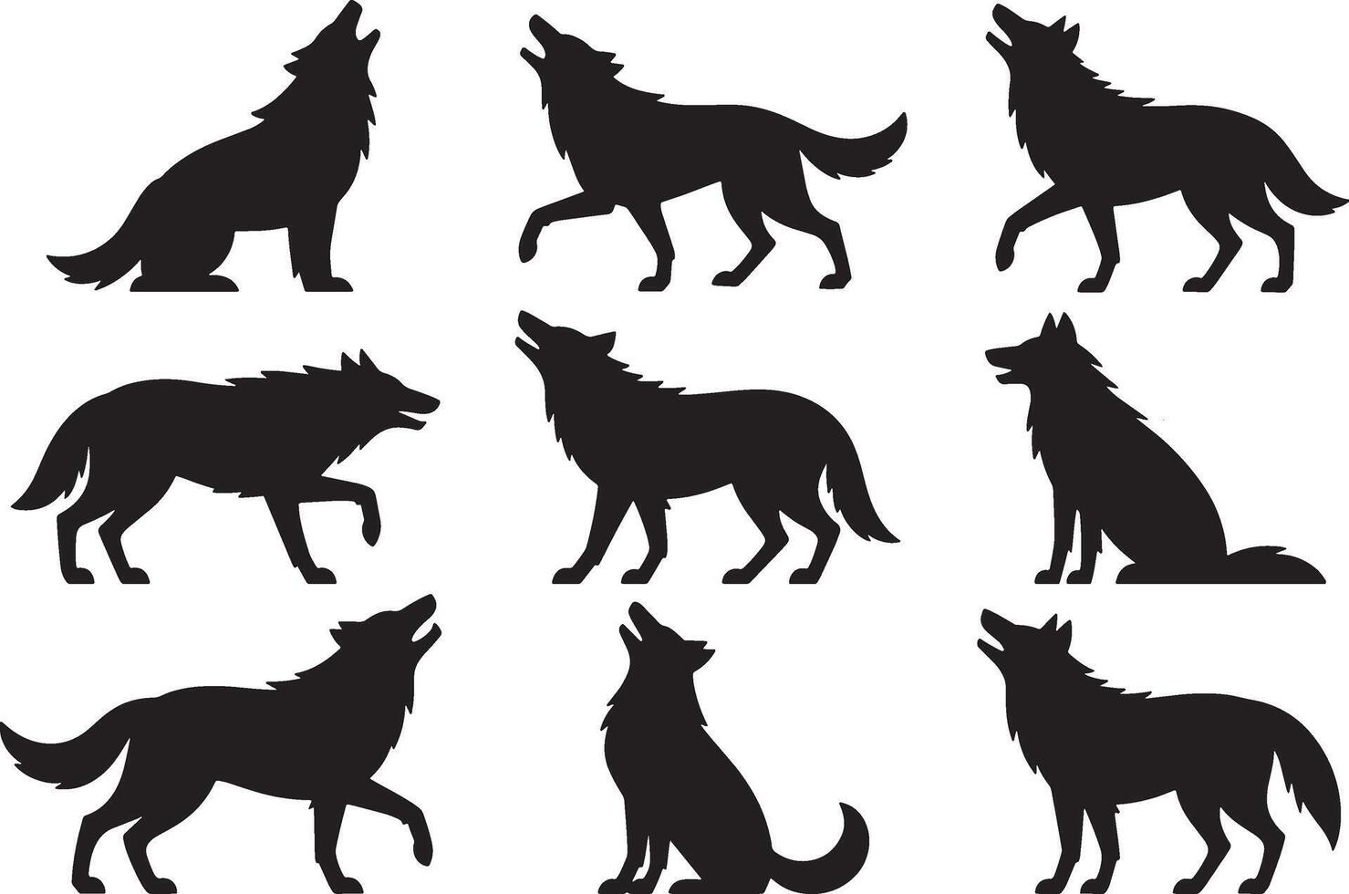 Black Wolf Silhouettes in Various Poses on White Background vector