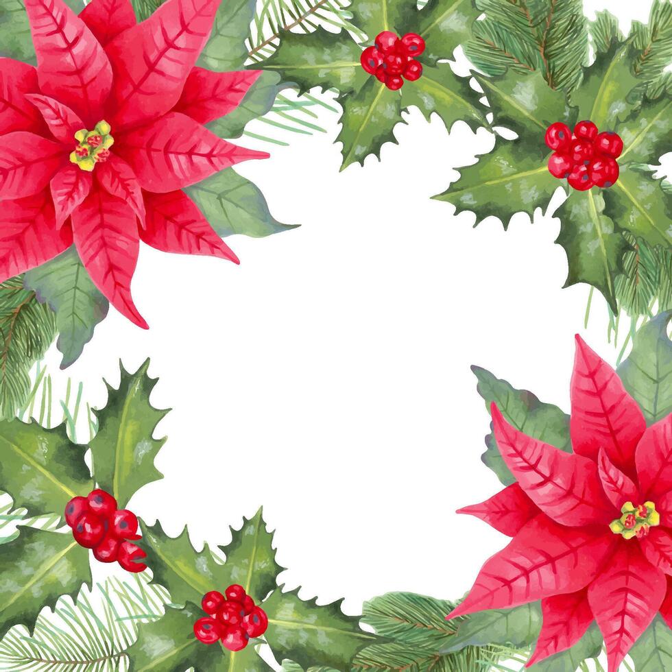 Poinsettia and holly festive frame vector