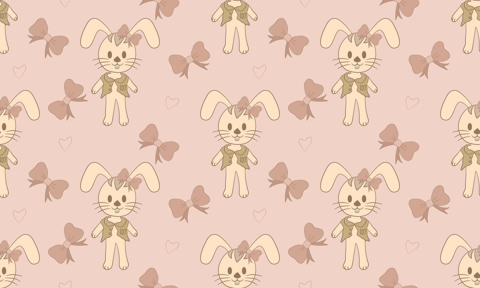 Bunny with Bow and Hearts Seamless Pattern in Beige Tones vector