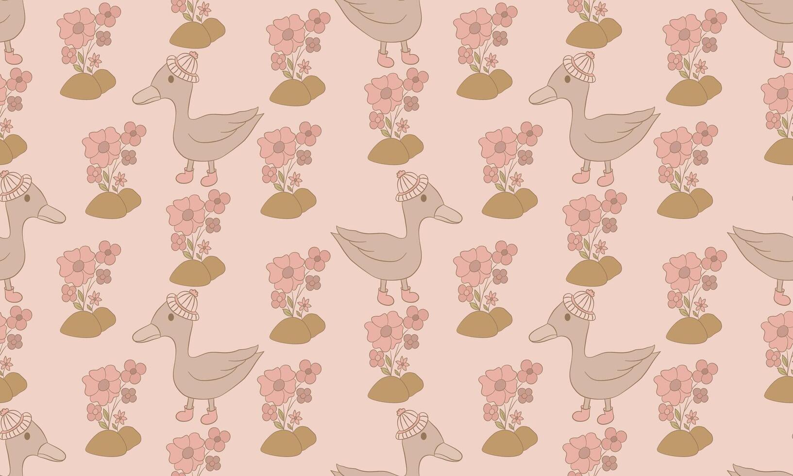 Duck and Flowers Seamless Pattern in Soft Neutral Tones vector