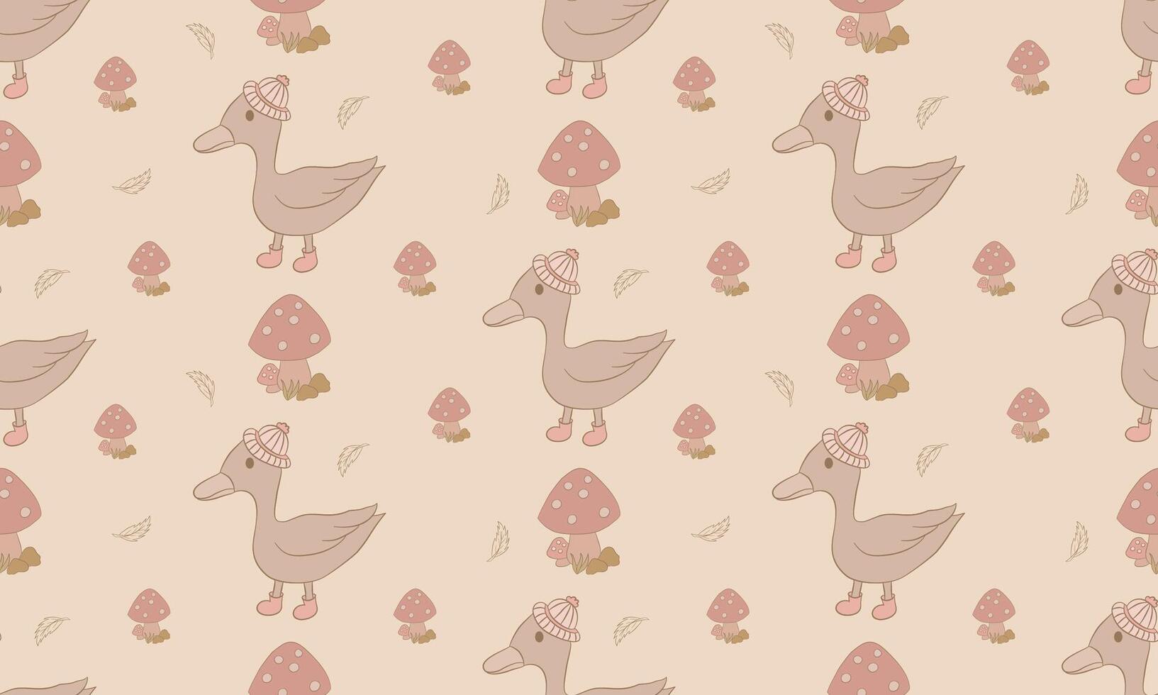 Beige Duck and Mushrooms Seamless Pattern for Autumn Kids Design vector