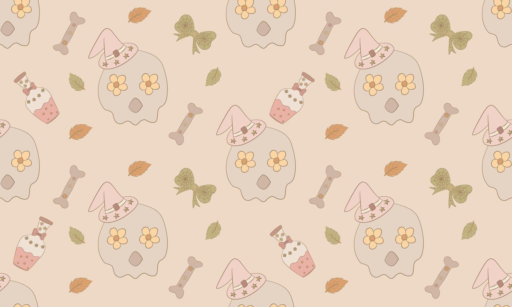 Skull and Potion Halloween Seamless Pattern in Pastel Beige vector