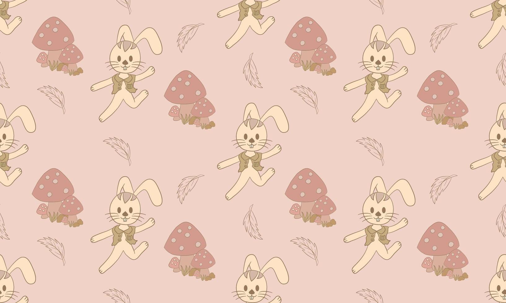 Playful Bunny and Mushrooms Seamless Pattern in Soft Beige vector