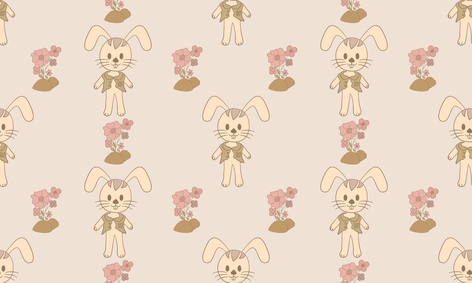 Cute Bunny and Floral Seamless Pattern in Beige Tones vector
