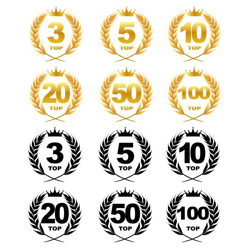 Set of top rating badges - gold and black laurel wreath icons. illustration vector