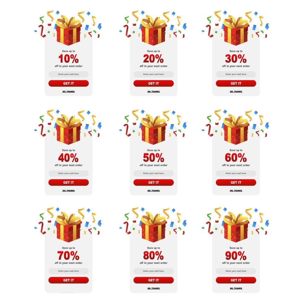 Set of pop-up banners with discounts for big sale red gift box with confetti. illustration vector