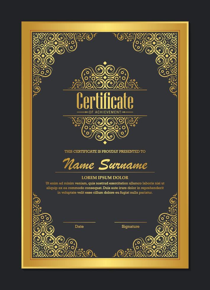 Golden Ornate Frame Certificate Design for Award or Achievement vector