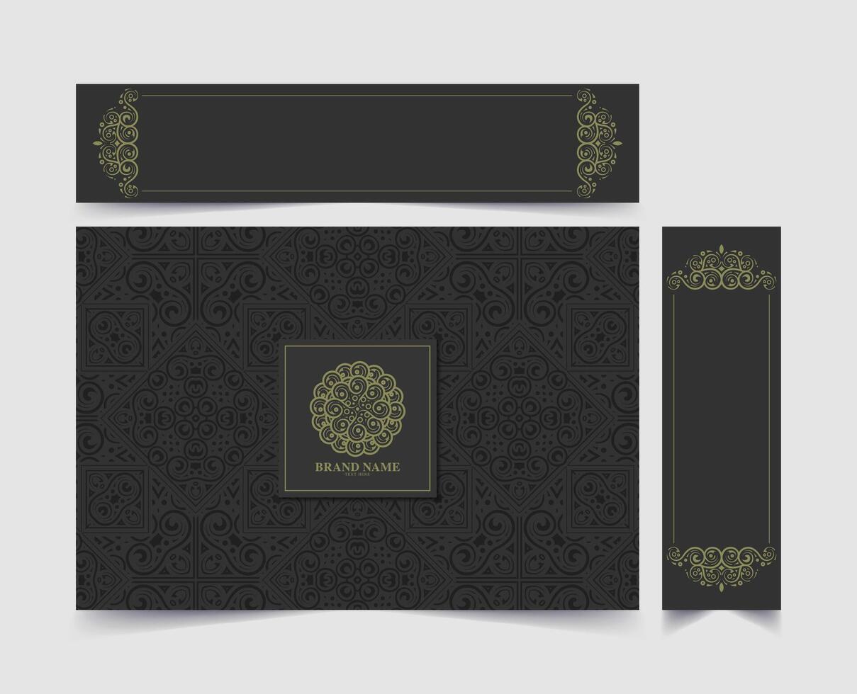 Elegant Ornament Packaging Box Design with Mandala Logo and Damask Pattern vector