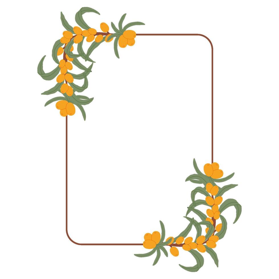 Elegant Sea Buckthorn Square Frame with Orange Berries and Green Leaves in a Hand-Drawn Botanical Design. vector