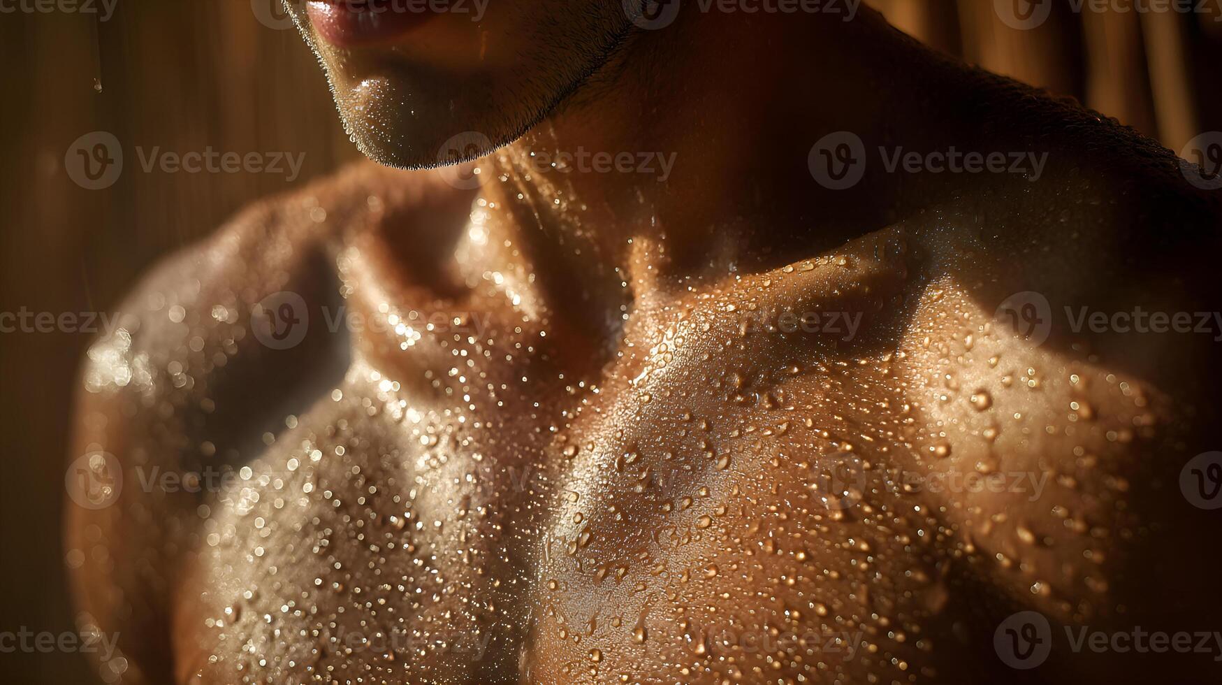 Wet male torso glistening with water drops and sweat in sunlight photo