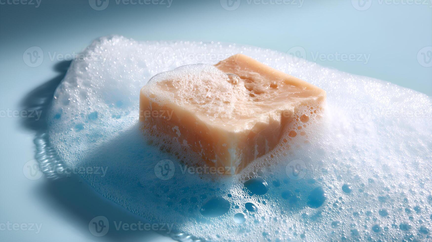 Soap bar resting on foam on blue background photo