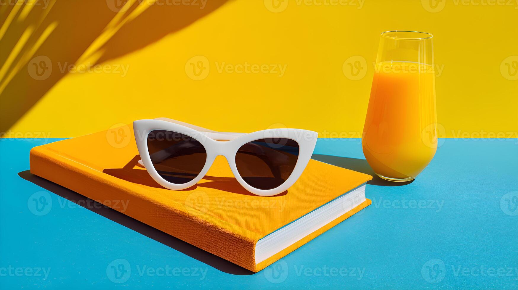 White sunglasses resting on orange book with fresh orange juice on vibrant yellow and blue background photo