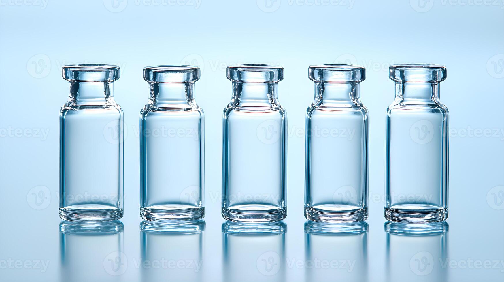 Five empty medical vials reflecting on a blue background photo