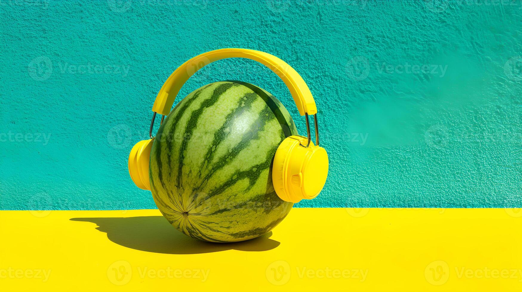 Ripe watermelon listening music with yellow headphones on colorful background photo