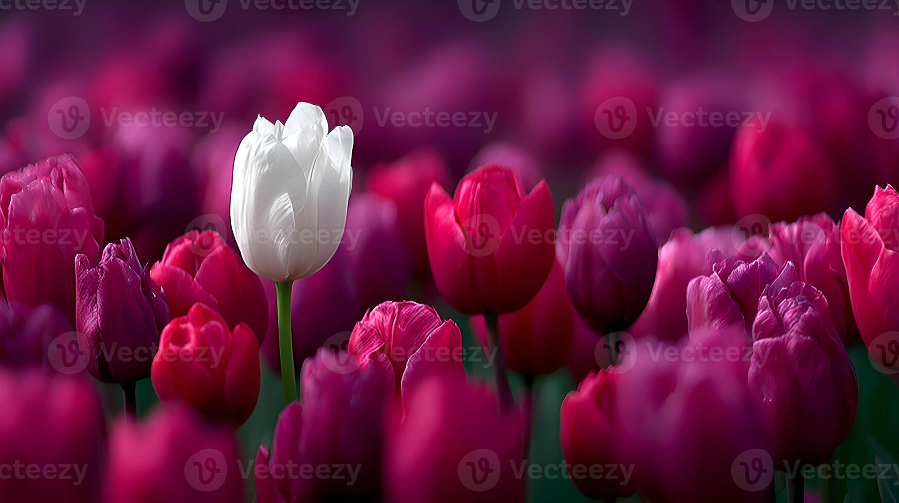 White tulip among pink tulips photo