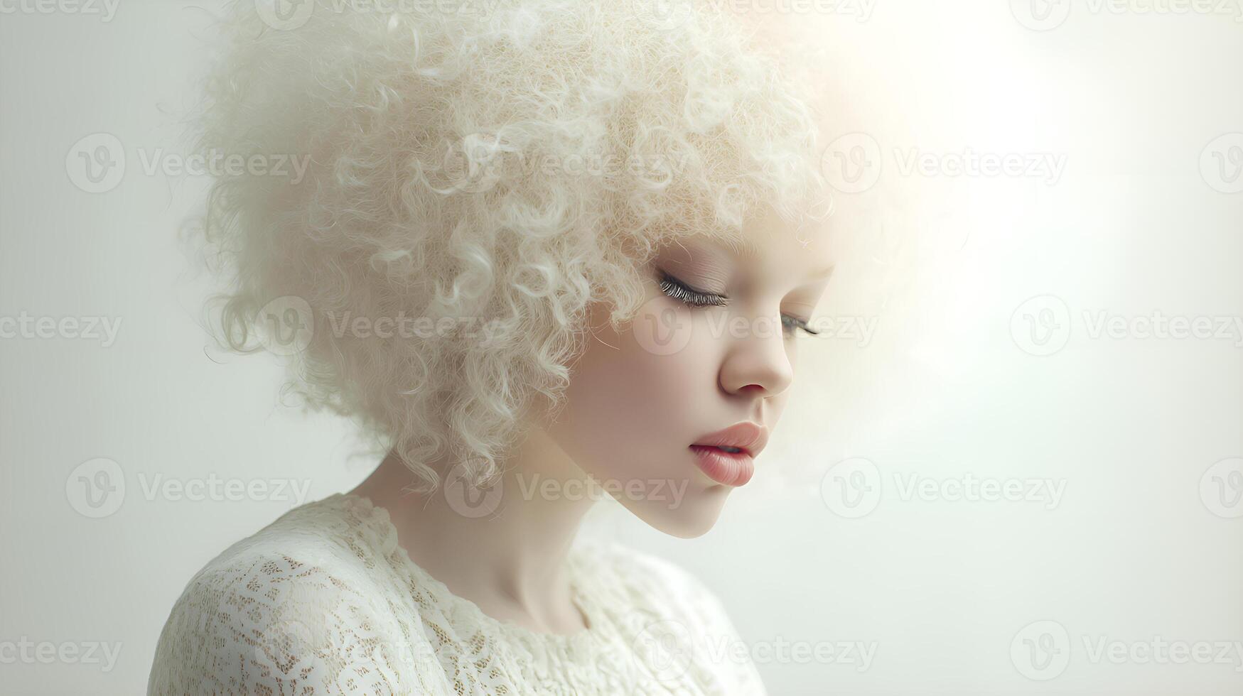 Albino model posing with closed eyes and white afro hairstyle photo