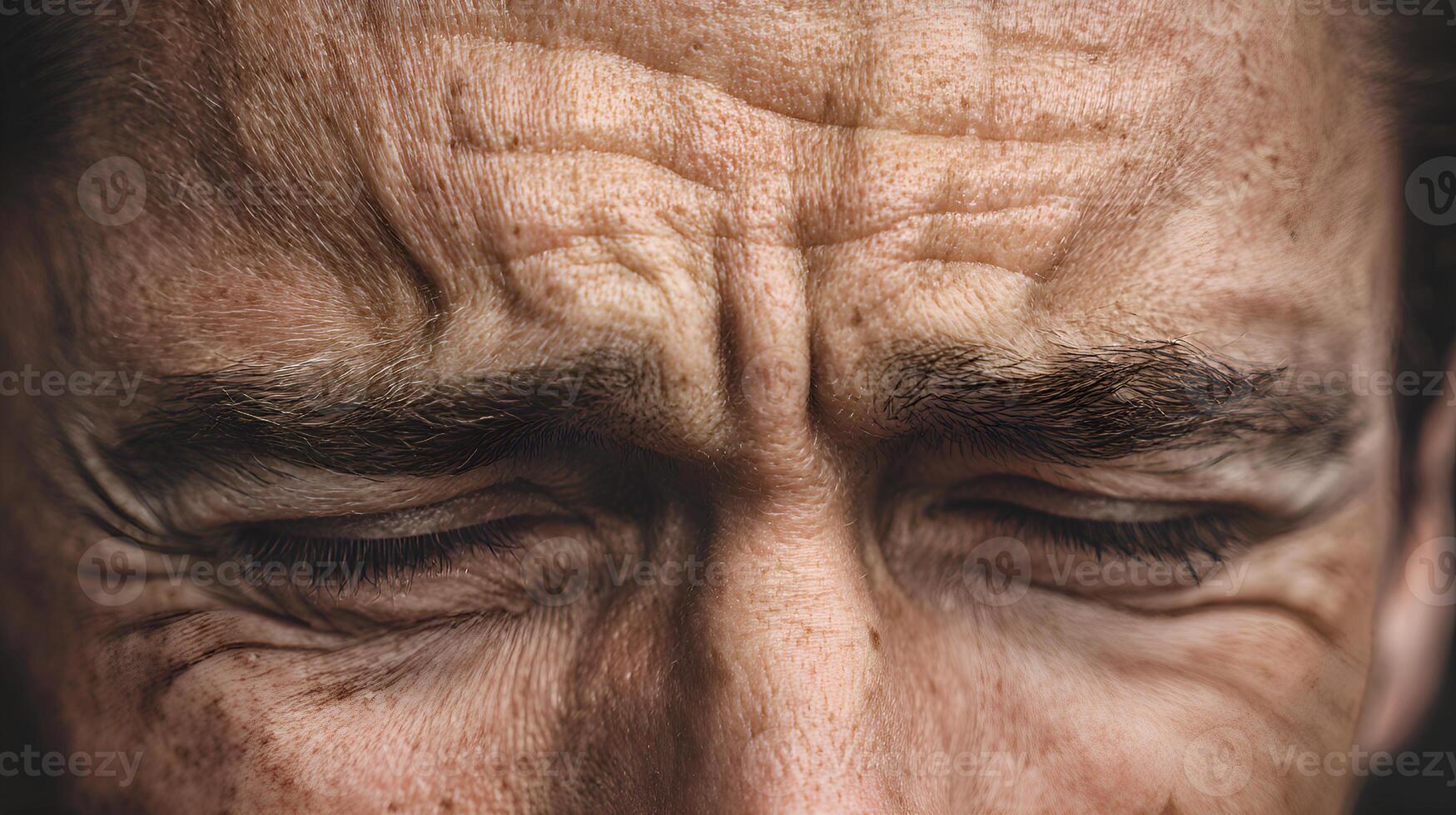 Close up of man experiencing intense emotion with eyes closed and forehead wrinkled photo