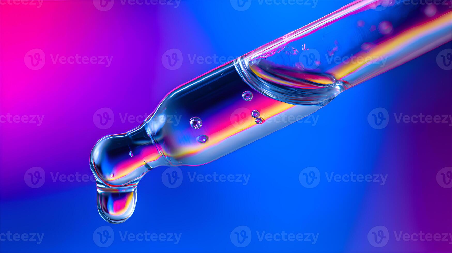 Pipette dropping transparent liquid on colorful background photo