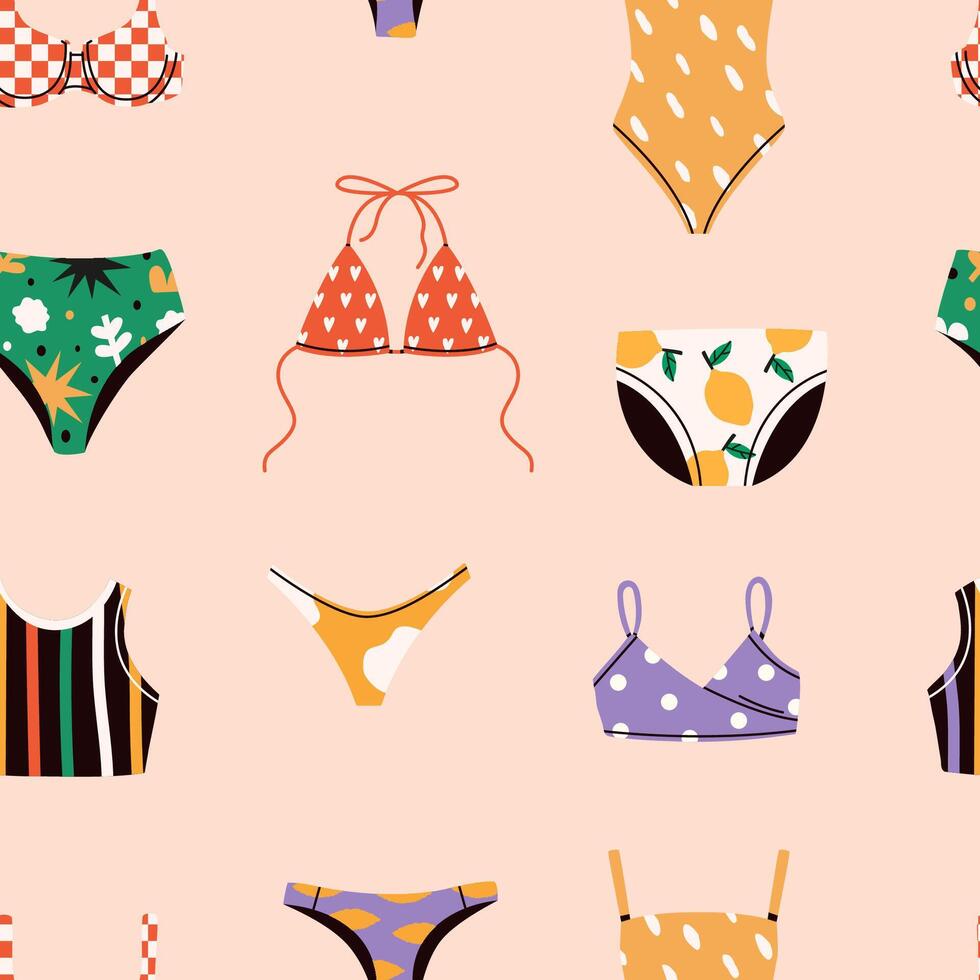 Woman retro bikini seamless pattern. Swimwear summer print. Fashion beachwear lingerie. Design for wrapping, fabric, textile. vector