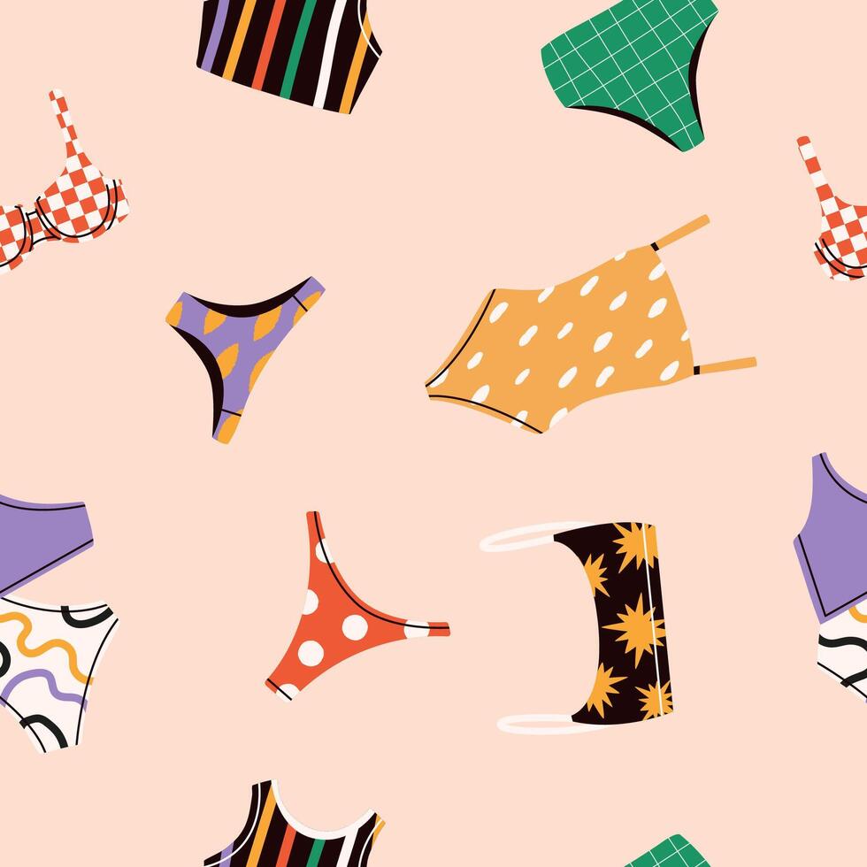 Retro Swimwear seamless pattern. Swimsuit seamless print, woman summer bikini underwear, fashion beachwear lingerie. Design for wrapping, fabric, textile. vector