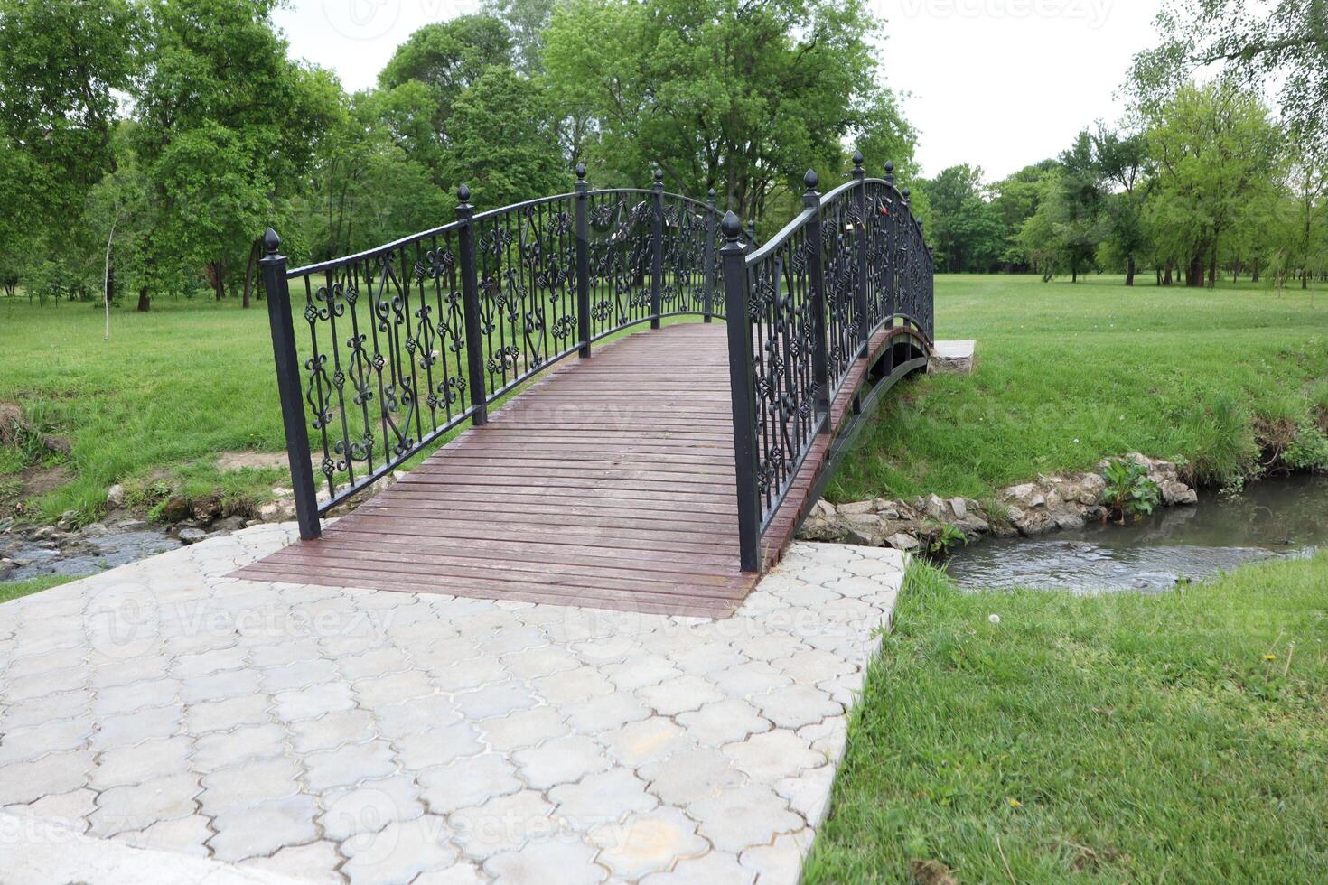 An Elegant Footbridge Gracefully Spanning a Stream in a Beautiful, Lush Green Landscape photo