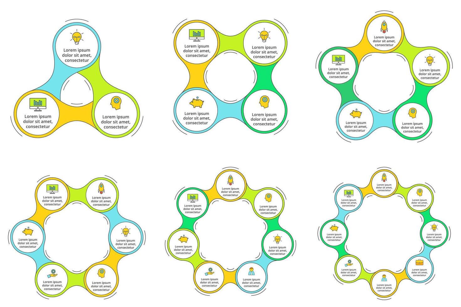 Thin line flat elements for infographic. Template for cycle diagram, graph, presentation and round chart. Business concept with 3, 4, 5, 6, 7 and 8 options, parts, steps or processes. vector