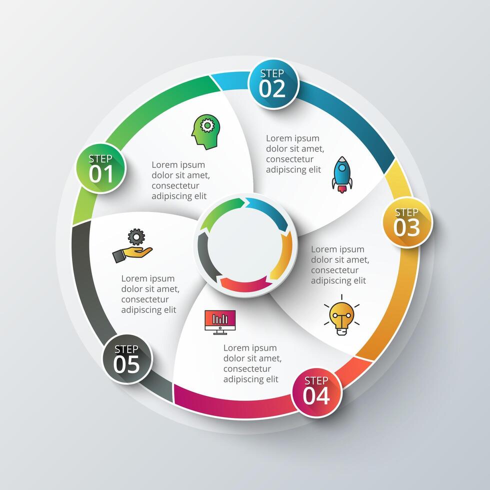 Circle infographic design template. Business concept with 5 options, parts, steps or processes. Can be used for workflow layout, diagram, number options, web design vector