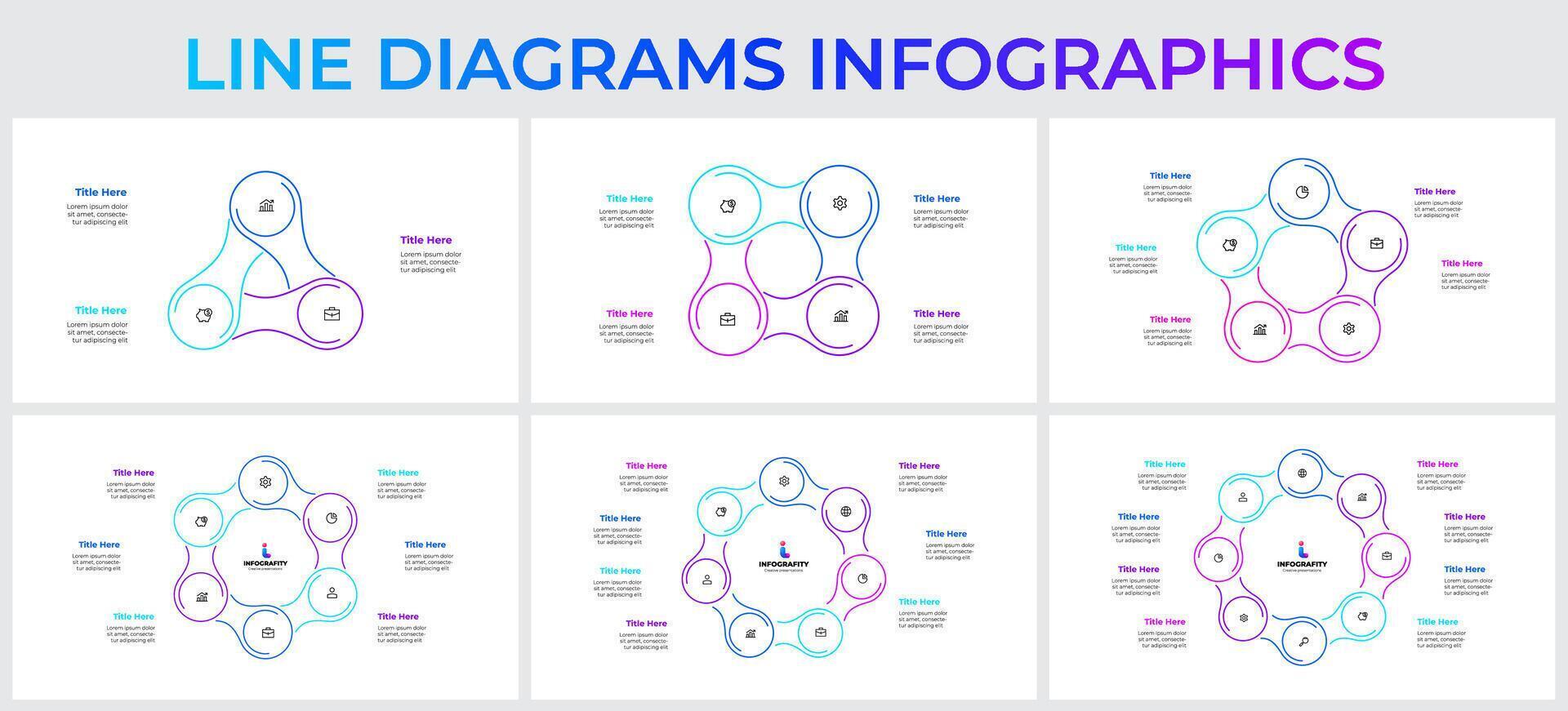 Collection of line diagrams infographic templates for business, education, and organizational use, ideal for presentation. Set with 3, 4, 5, 6, 7 and 8 options, steps or processes vector