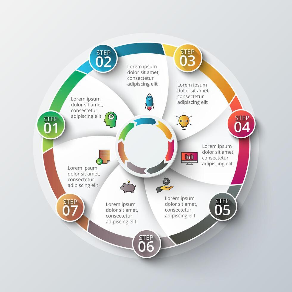 Circle infographic design template. Business concept with 7 options, parts, steps or processes. Can be used for workflow layout, diagram, number options, web design. vector