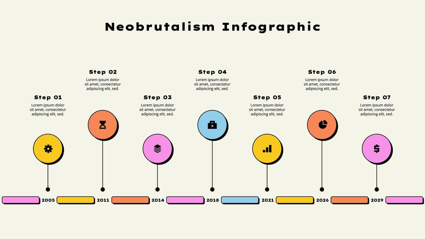 Seven horizontal circle elements. Concept of 7 options of business development process. Neobrutalism infographic template vector