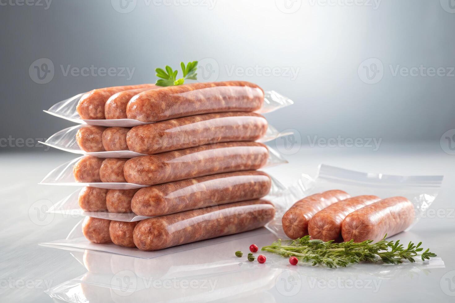 A stack of fresh, raw sausages neatly packaged and ready for sale. photo