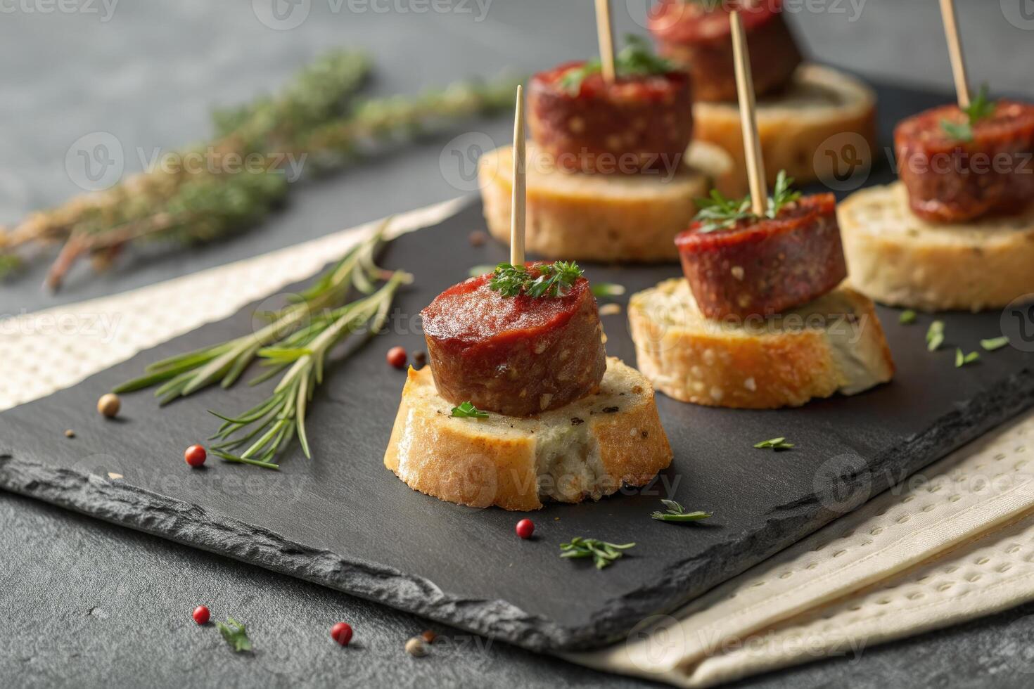 Meat appetizers on bread slices photo