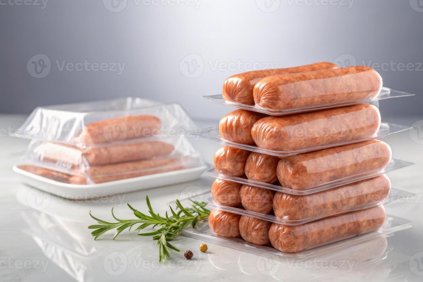 Sausages are neatly packaged and ready to be cooked with rosemary and peppercorns. photo