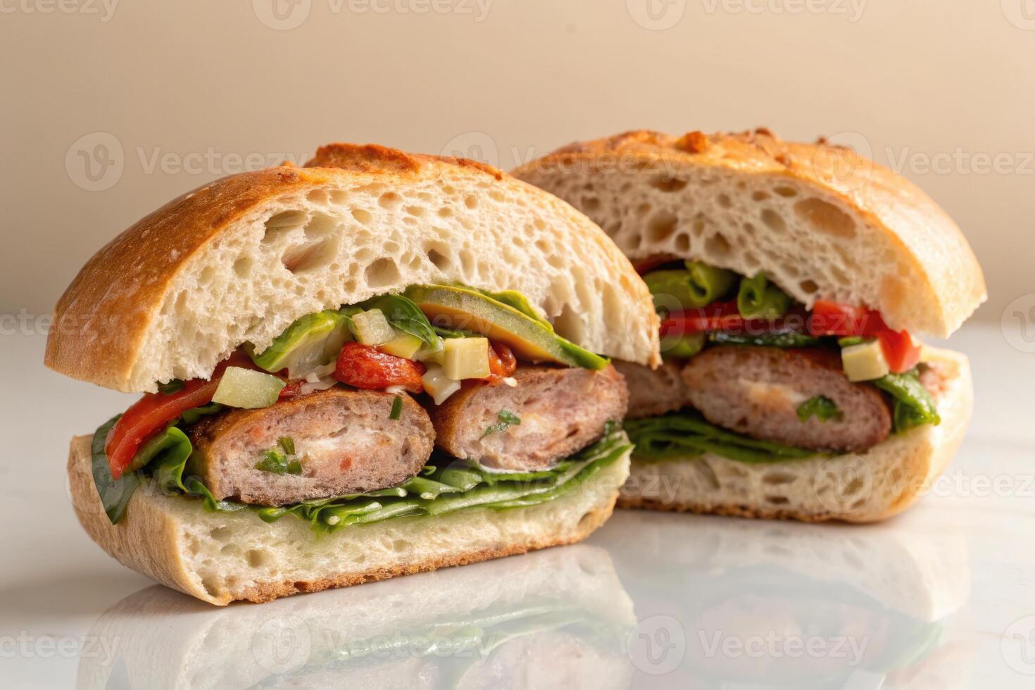 Close up of a gourmet sandwich with fresh ingredients ready to be served. photo
