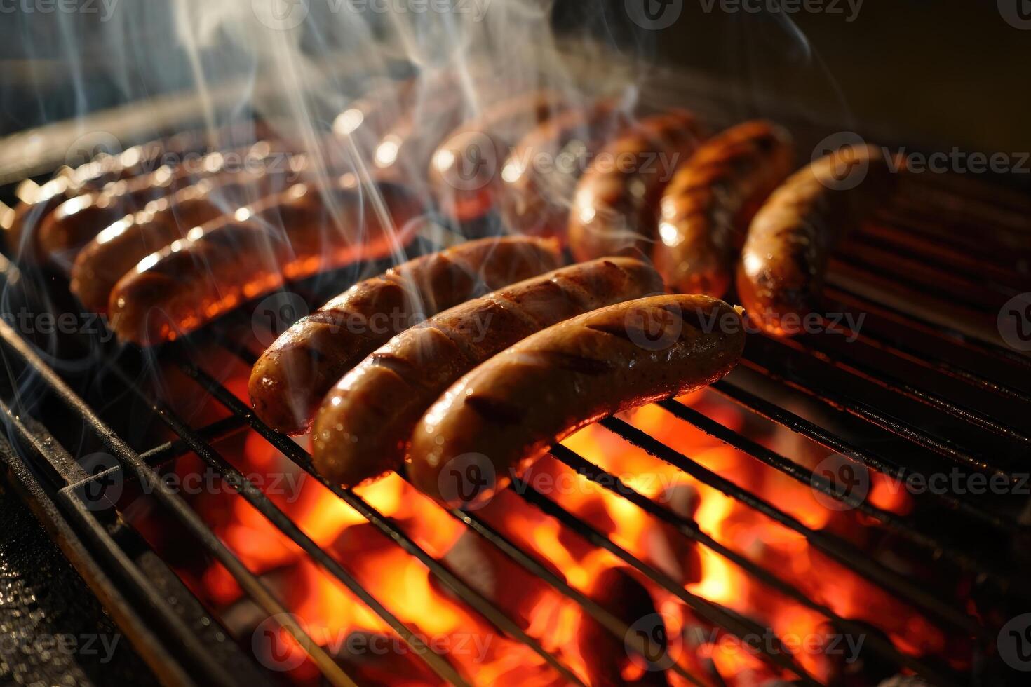 Sizzling sausages on a barbecue, with flames and smoke, perfect for a summer cookout. photo