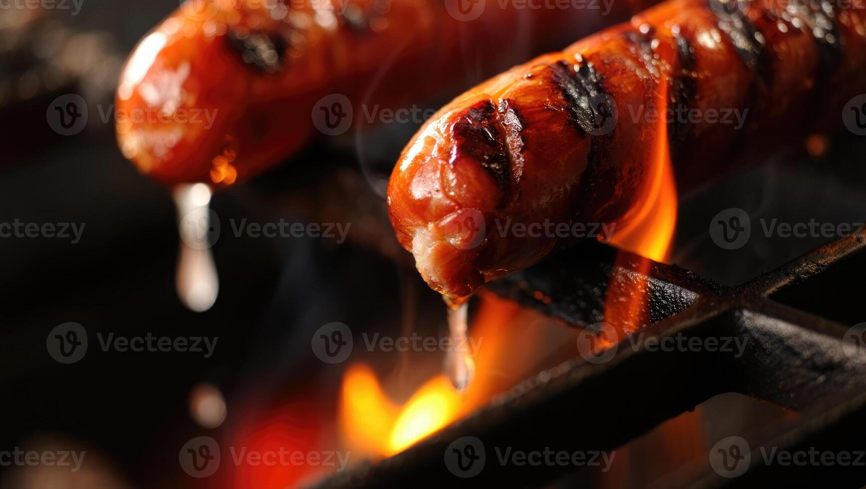 Close up of juicy sausages sizzling on a hot grill with dripping fats and flames. photo
