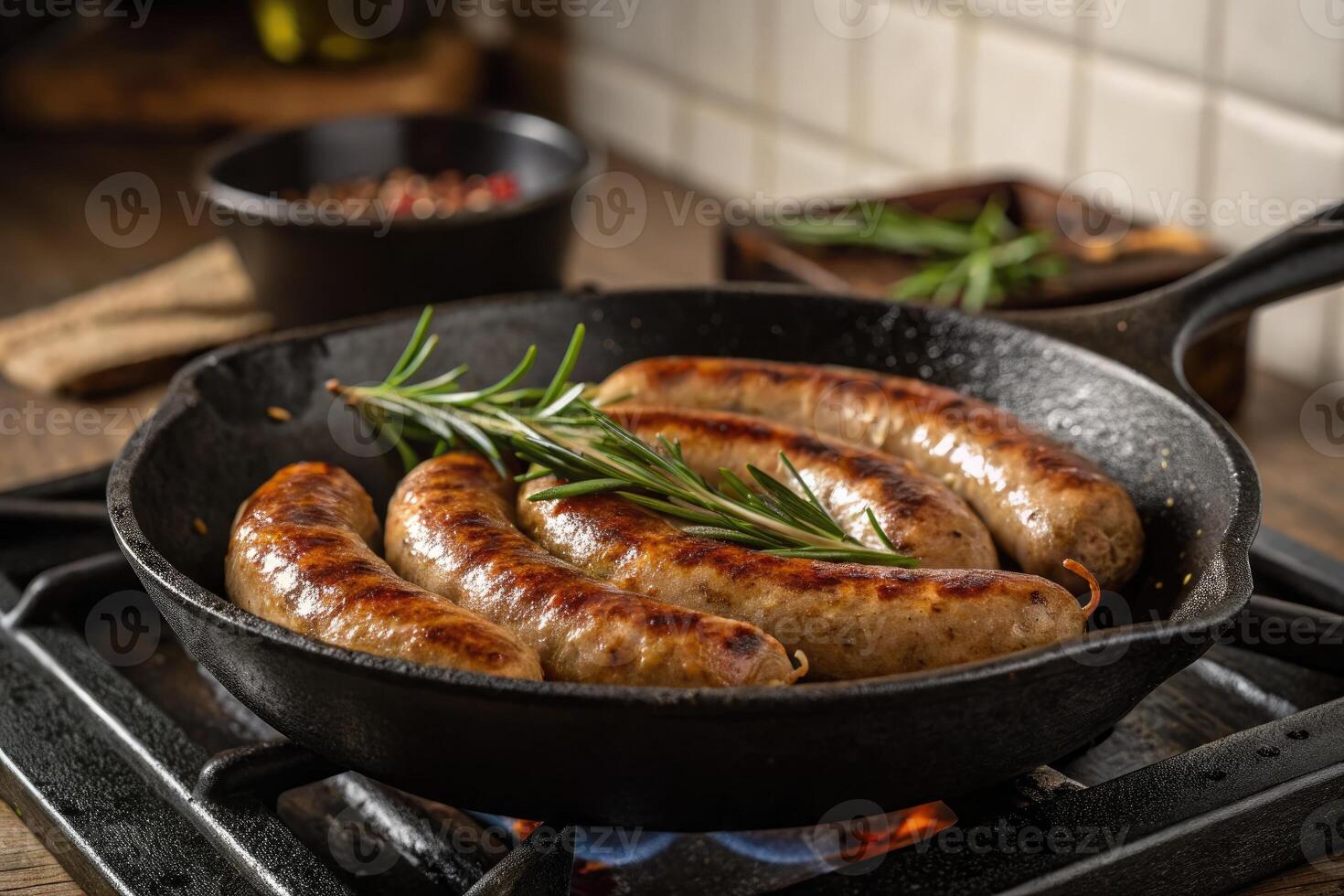 Grilled sausages in a cast iron pan, sizzling and ready to be enjoyed with fresh rosemary. photo
